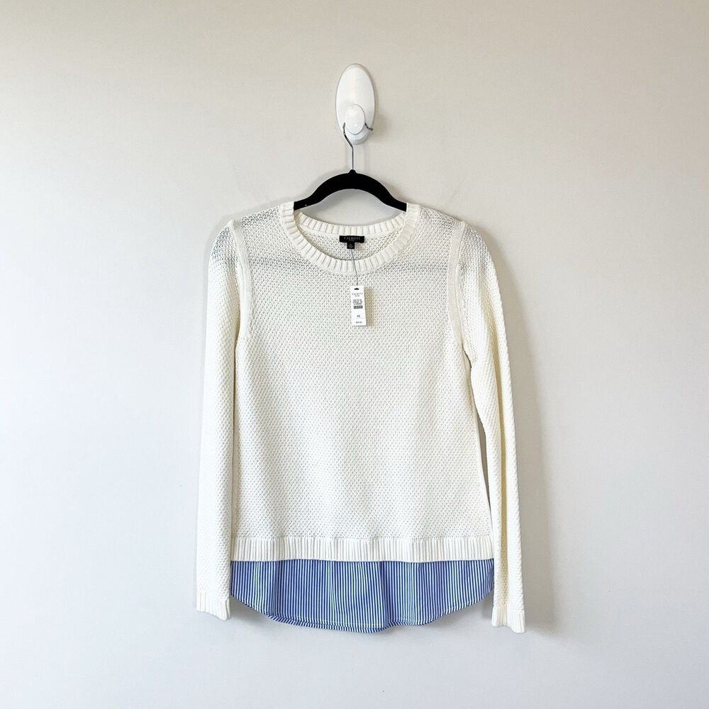 Talbots Cream Knit Sweater W Blue Striped Faux Shirt Tail Size Petite Small NWTs
